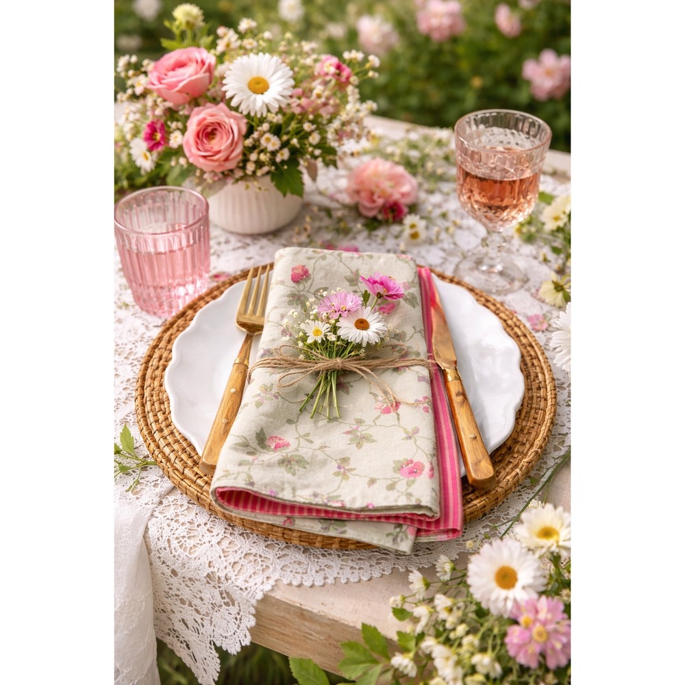 Handcrafted Reversible Cotton Napkins Strawberry Floral Sage Green Red‎ Stripe